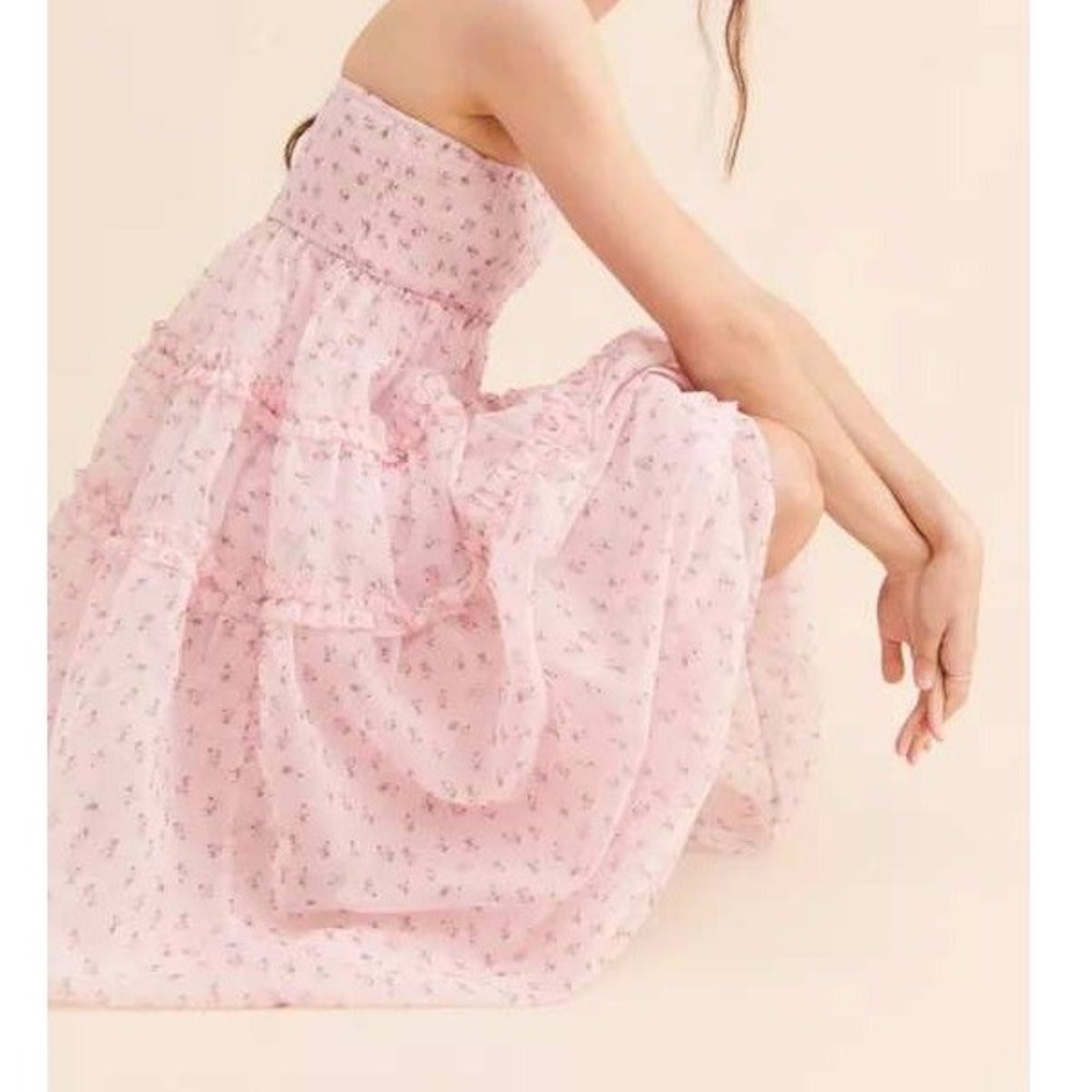Sister Jane Dream Celandine Ditsy Bandeau Pink Floral Tiered Smocked Dress SZ L